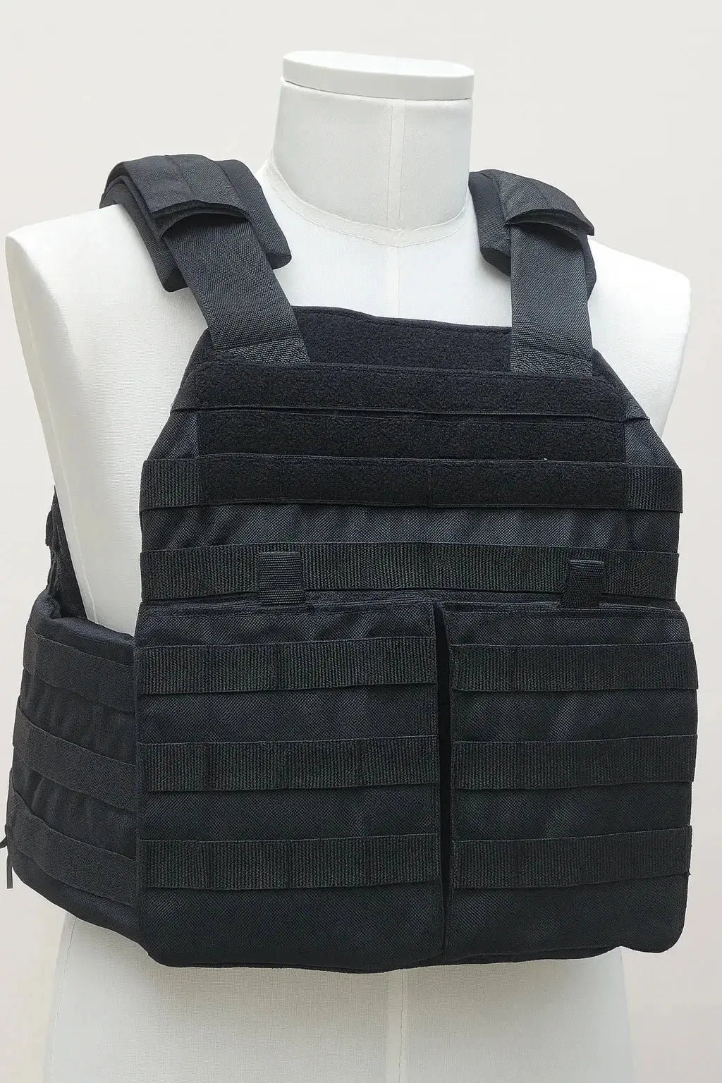 Durable black military-grade plate carrier with modular MOLLE webbing